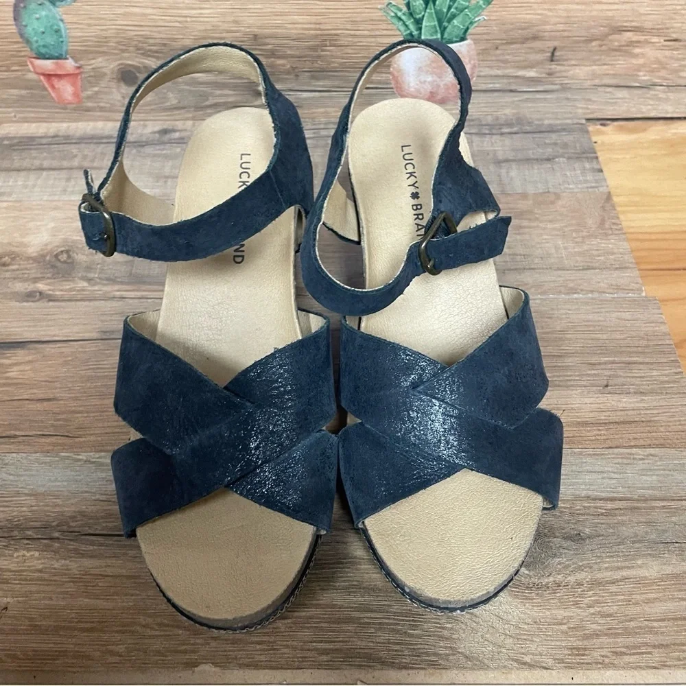 Lucky Brand Harvia platform sandals Women's 8 Black leather wood block Heel